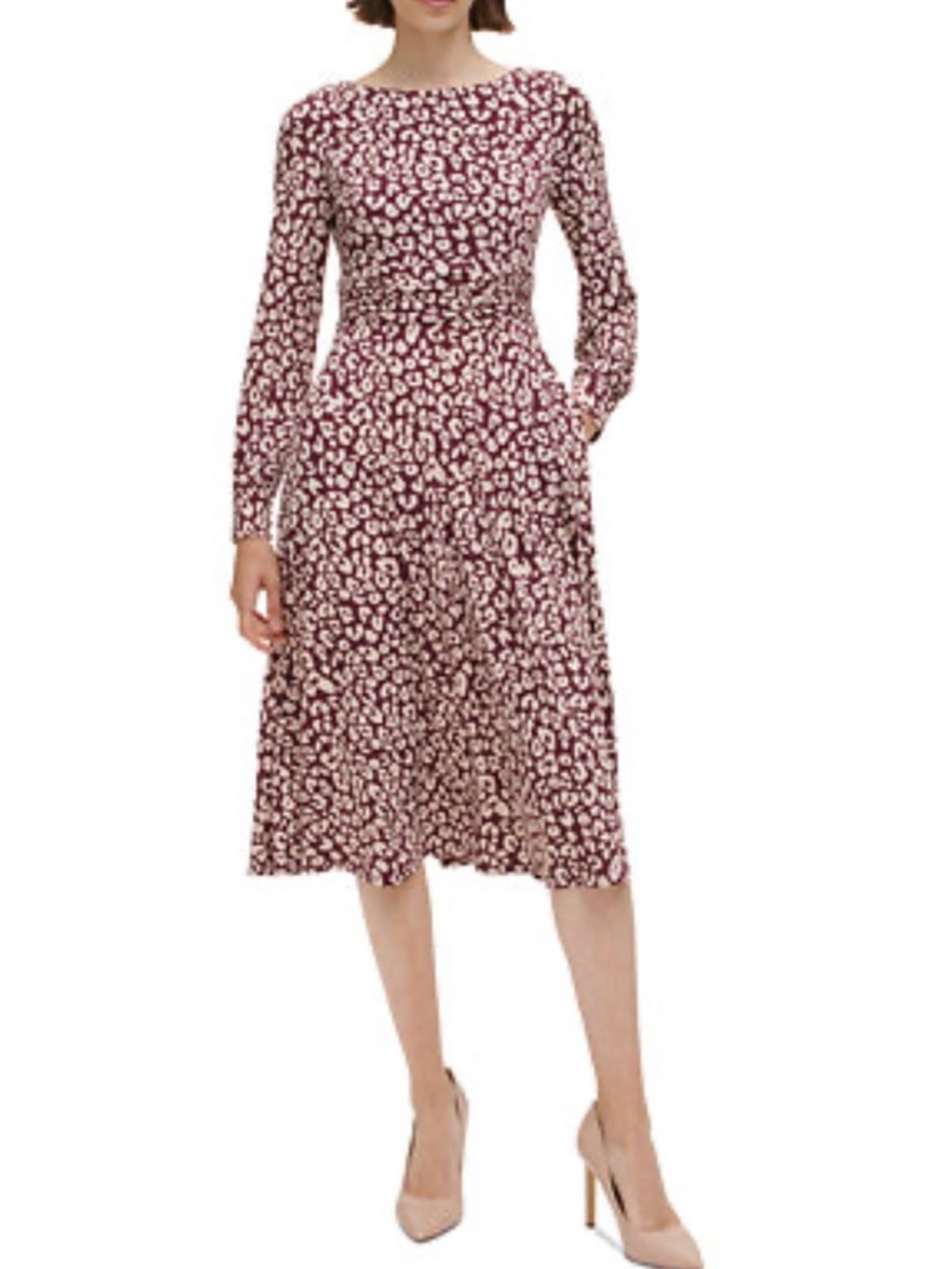 Jessica Howard/Macy’s Burgundy and Cream Long-Sleeve Printed Midi Dress